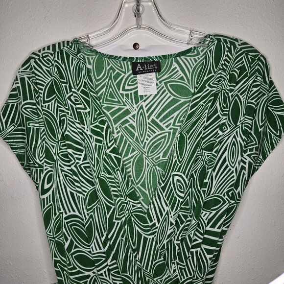 Vtg Womens Wrap Dress Sz L Colorful Cap Sleeves Slimming Modest Career PinUp Gr - Picture 2 of 12